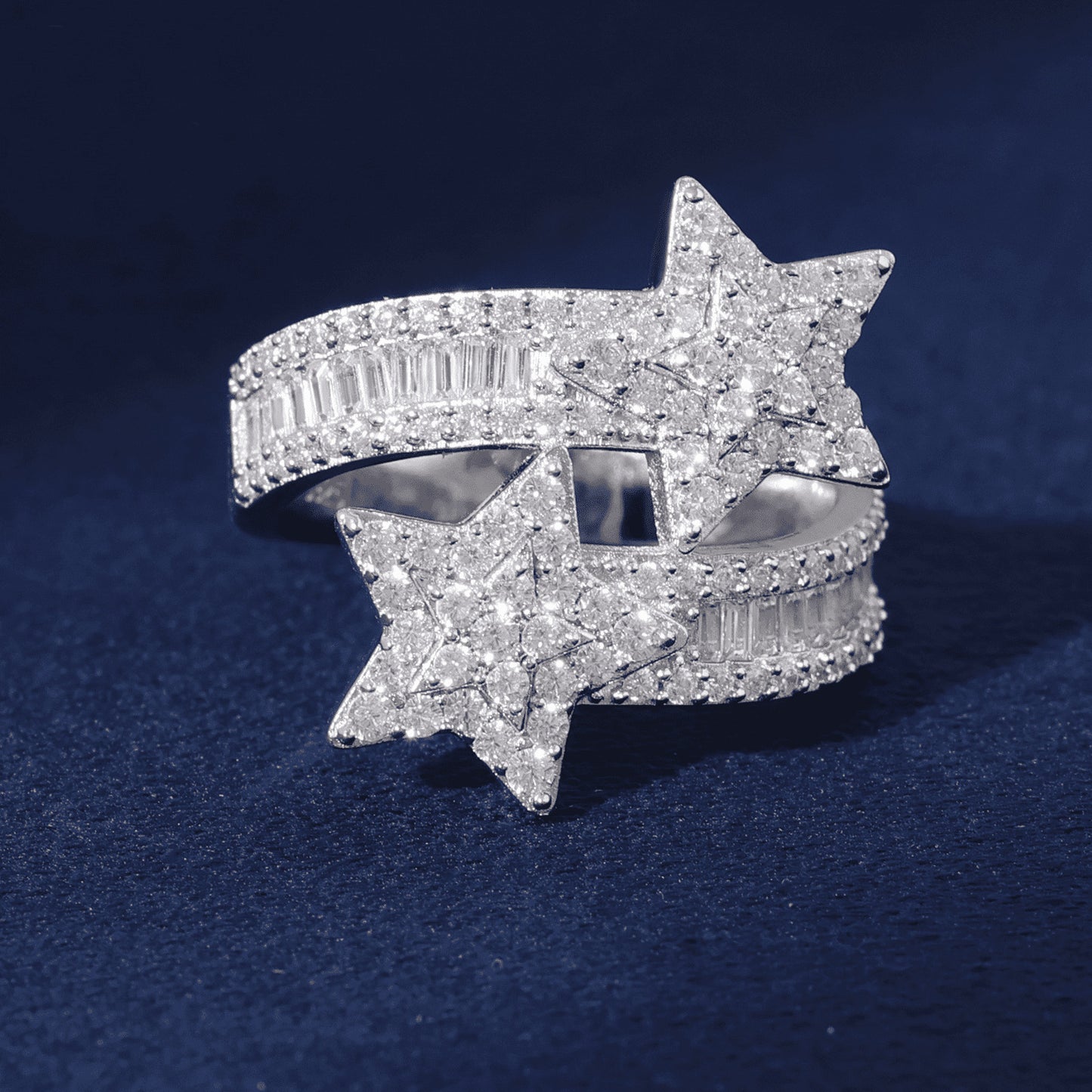 Adjustable Hip Hop Moissanite Two Stare Engagement Fully Iced Out But Down Ring Jewelry For Men and Women