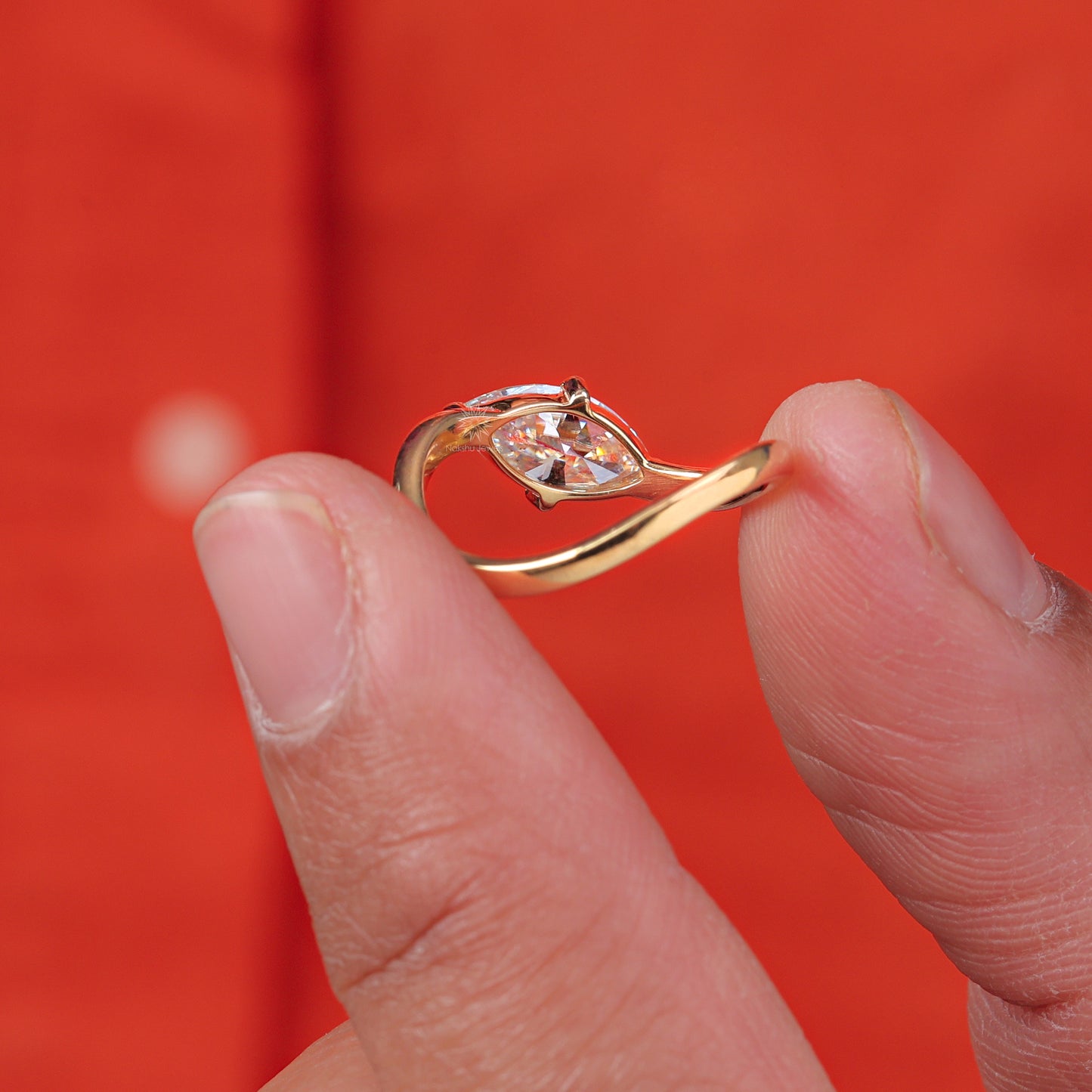 East West Marquise Cut Moissanite Solitaire Bypass Engagement Wedding Ring