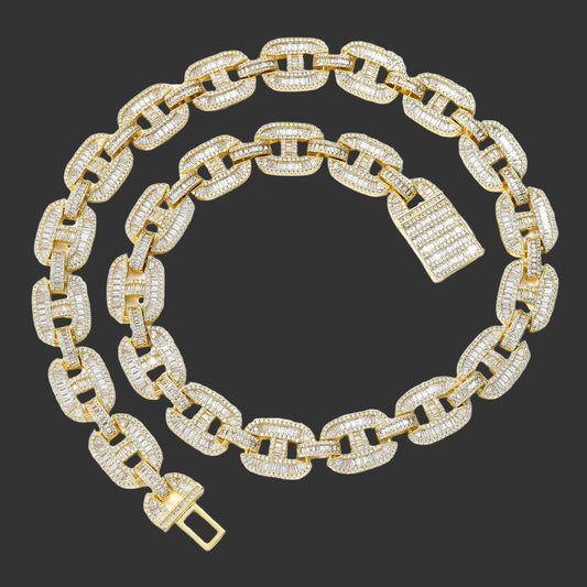 Iced Out Baguette Cut Moissanite Miami Gucci Link Chain Necklace, Moissanite Hip Hop Jewelry