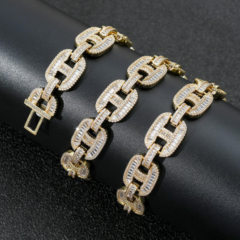 Iced Out Baguette Cut Moissanite Miami Gucci Link Chain Necklace, Moissanite Hip Hop Jewelry