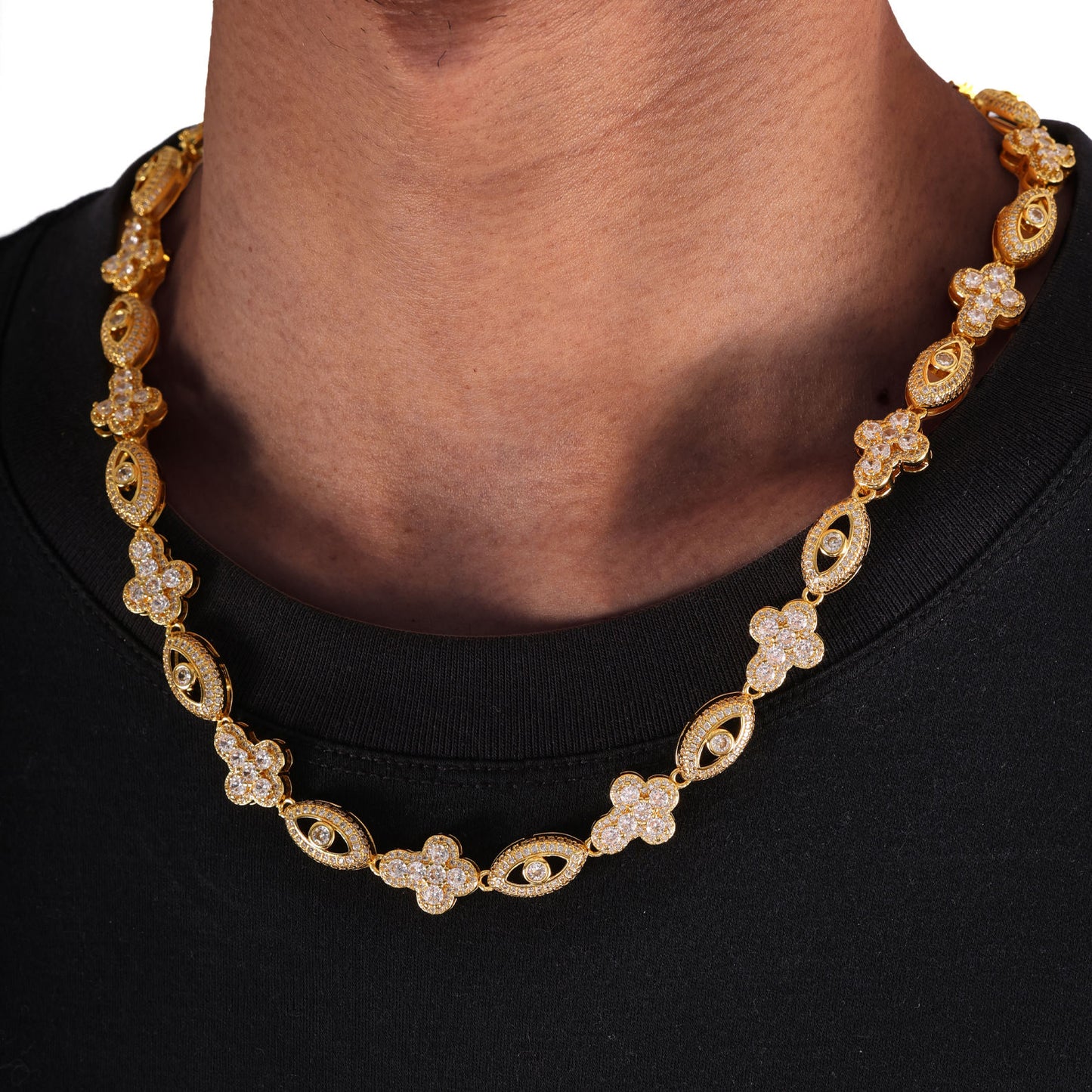 Evil Eye Hip Hop Moissanite Cross Cuban Chains Necklace, Rapper Iced Out Jewelry for Men