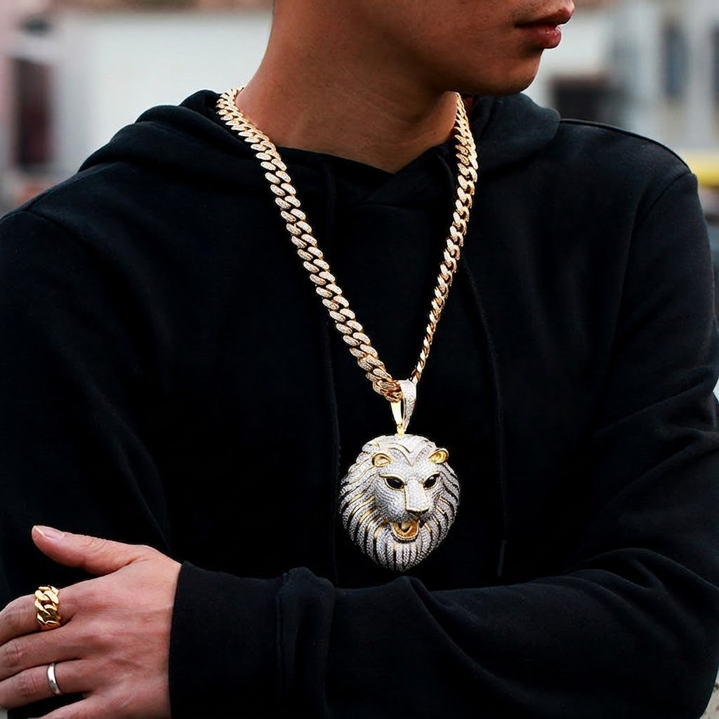 Gold Plated Fully Iced Out Moissanite Hip Hop Lion Face Pendant In 925 Sterling Silver For Men, Rapper