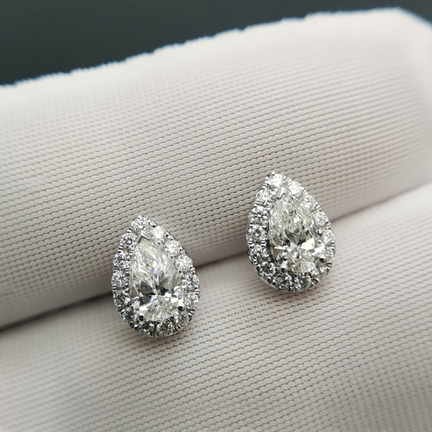 Pear Cut Colorless Classic Halo Moissanite Stud Earrings Gift For Wife, Mother, Daughter