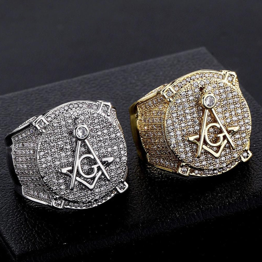 iced out Moissanite Freemasons Symbol Masonic Ring - 925 Sterling Silver Hip Hop Ring