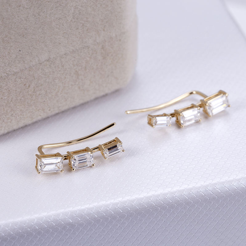 14K Yellow Gold Emerald Cut Moissanite Ear Climbers Earring For Women