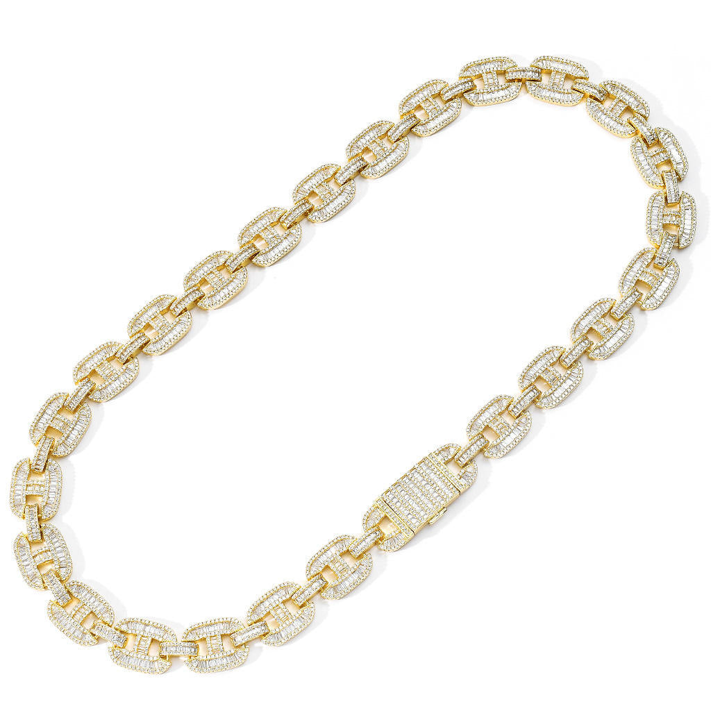 Iced Out Baguette Cut Moissanite Miami Gucci Link Chain Necklace, Moissanite Hip Hop Jewelry