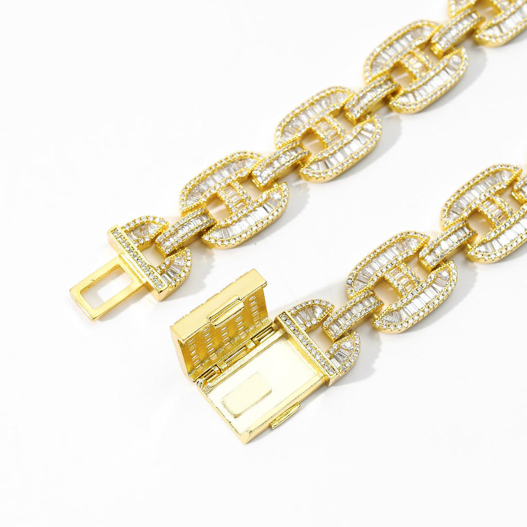 Iced Out Baguette Cut Moissanite Miami Gucci Link Chain Necklace, Moissanite Hip Hop Jewelry