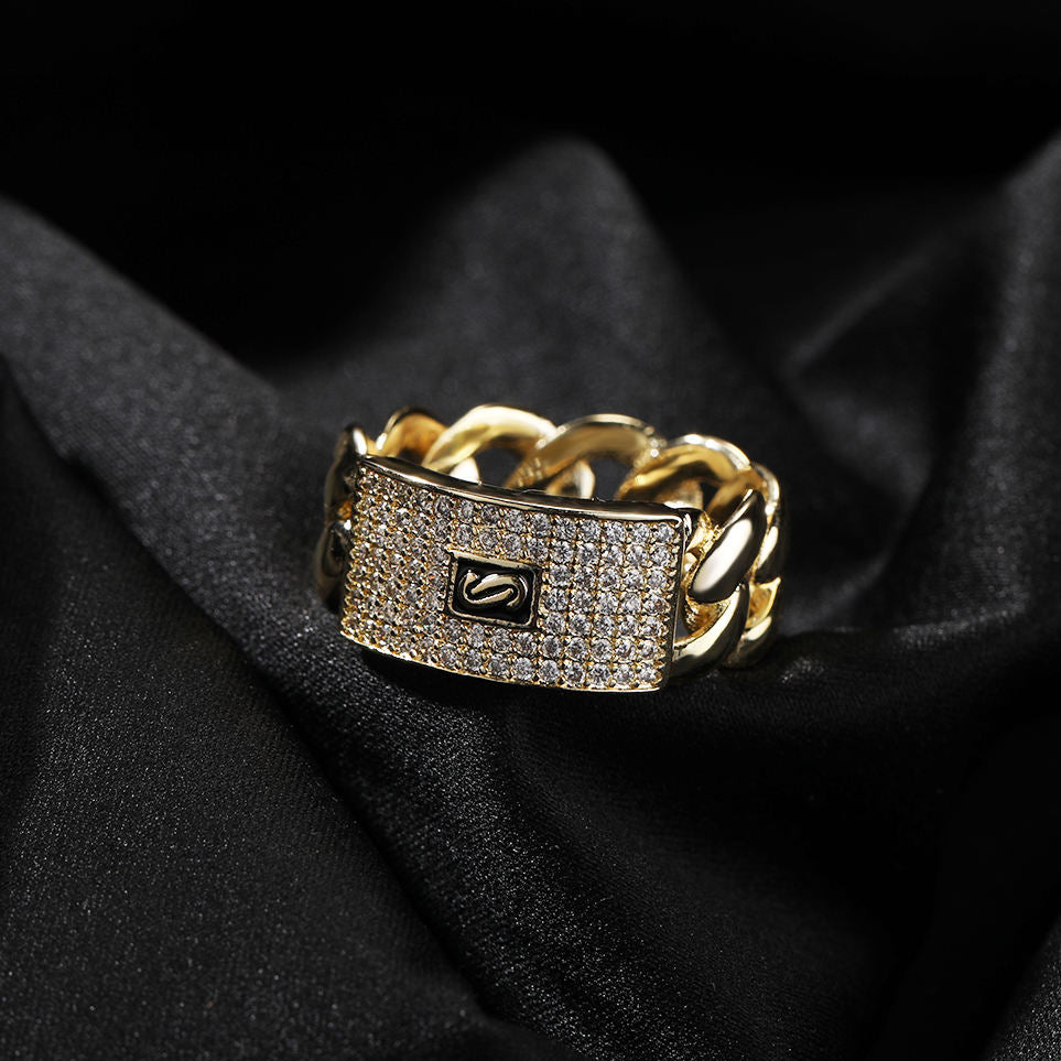 Round Moissanite Hip Hop Cuban Link Chain Rings, Iced Out Rings For Men