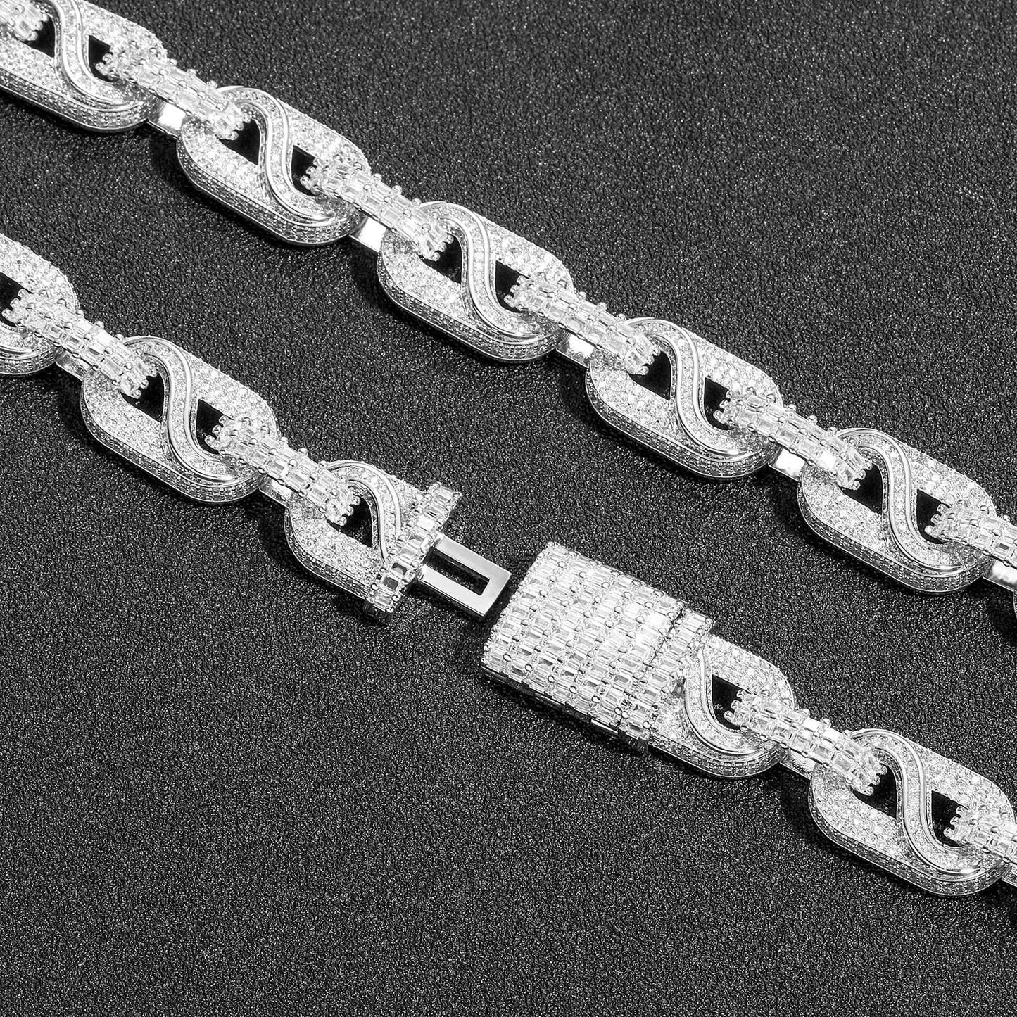 Iced Out Round And Baguette Cut Moissanite Miami Cuban Link Chain Necklace, Moissanite Men's Hip Hop Jewelry