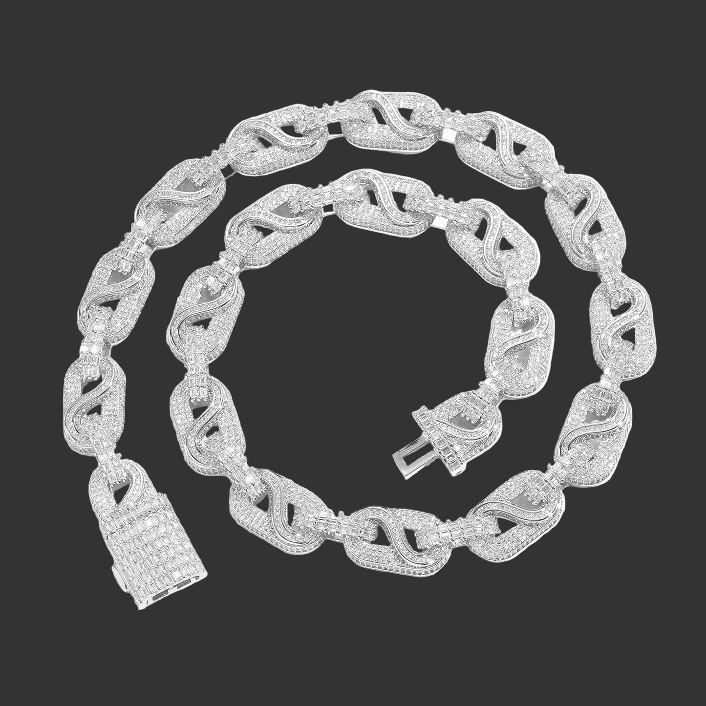Iced Out Round And Baguette Cut Moissanite Miami Cuban Link Chain Necklace, Moissanite Men's Hip Hop Jewelry