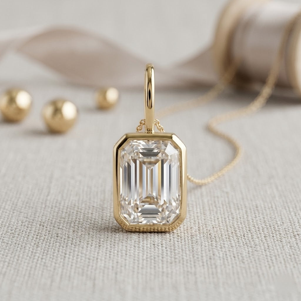 14K Solid Gold Emerald Cut Moissanite Bezel Set Solitaire Pendant For Women and Girls Only Pendant