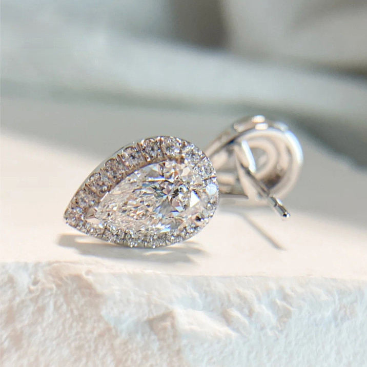 Pear Cut Colorless Classic Halo Moissanite Stud Earrings Gift For Wife, Mother, Daughter