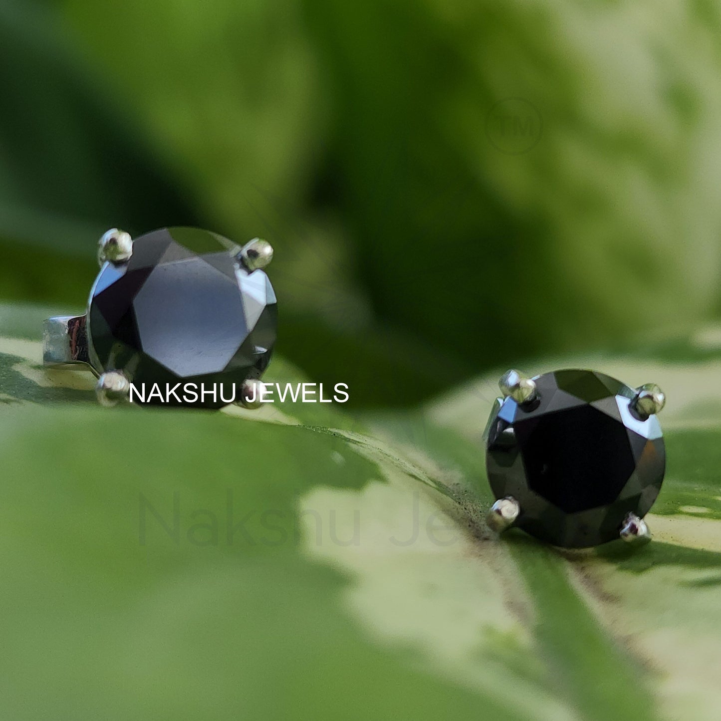 Black Round Brilliant Cut Moissanite Stud Earrings, Four Prong Basket Setting