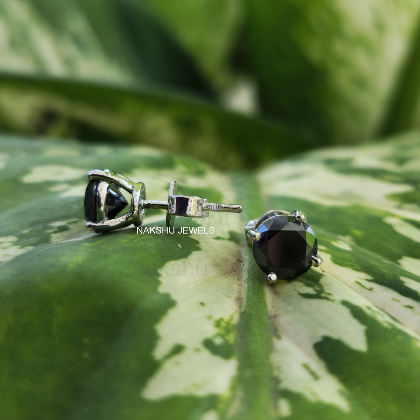 Black Round Brilliant Cut Moissanite Stud Earrings, Four Prong Basket Setting