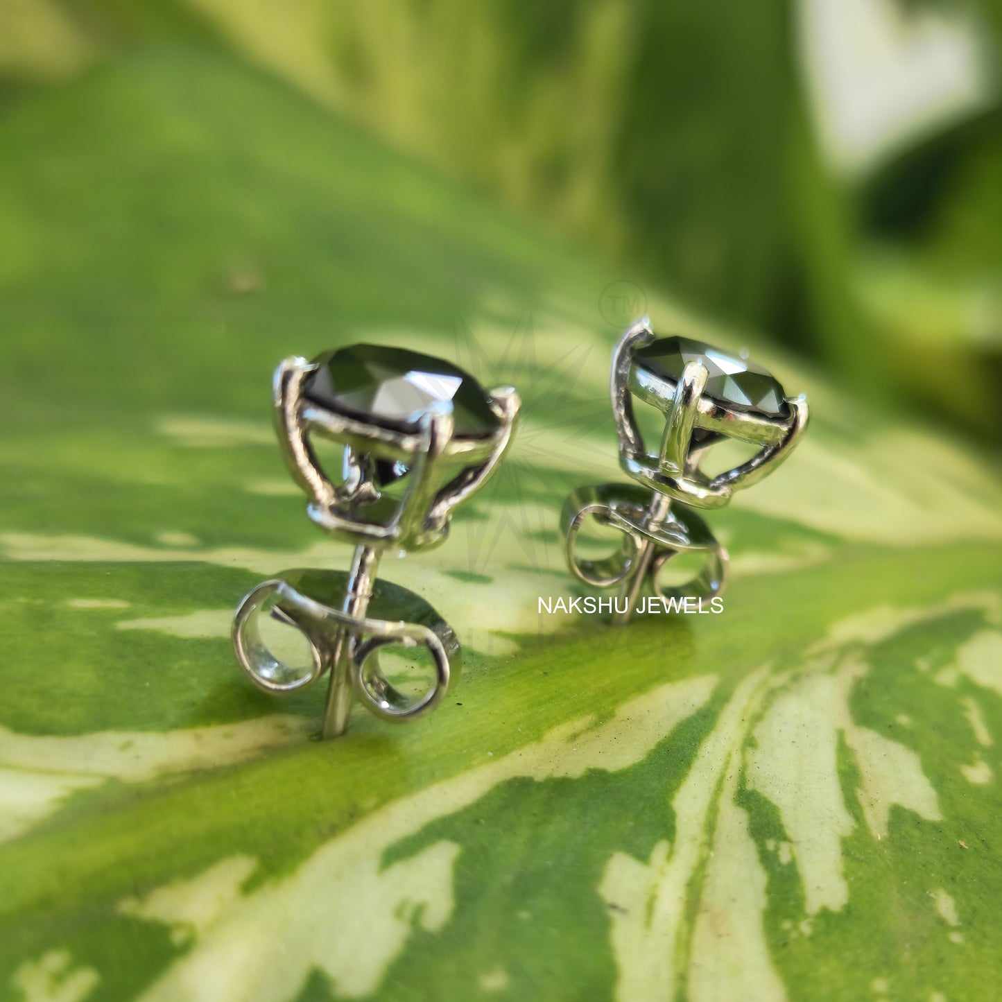 Black Round Brilliant Cut Moissanite Stud Earrings, Four Prong Basket Setting