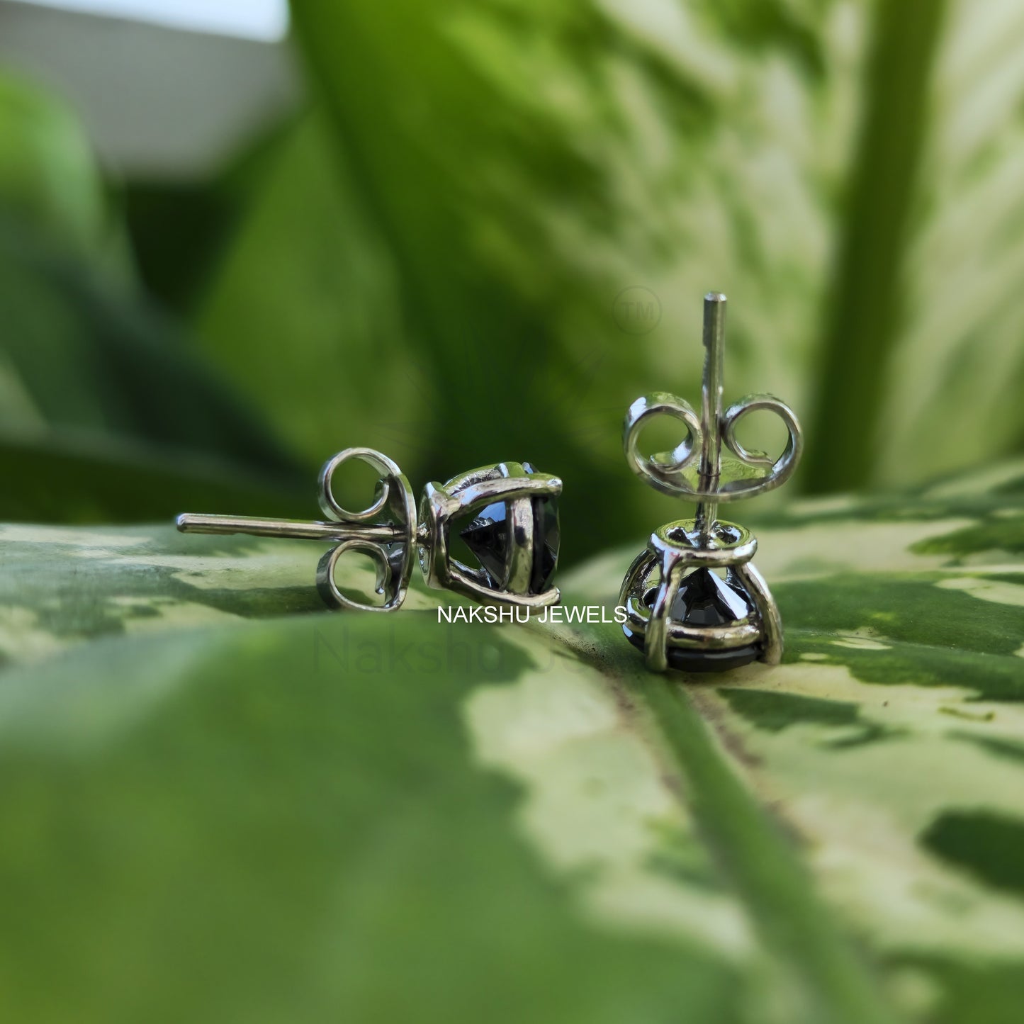 Black Round Brilliant Cut Moissanite Stud Earrings, Four Prong Basket Setting