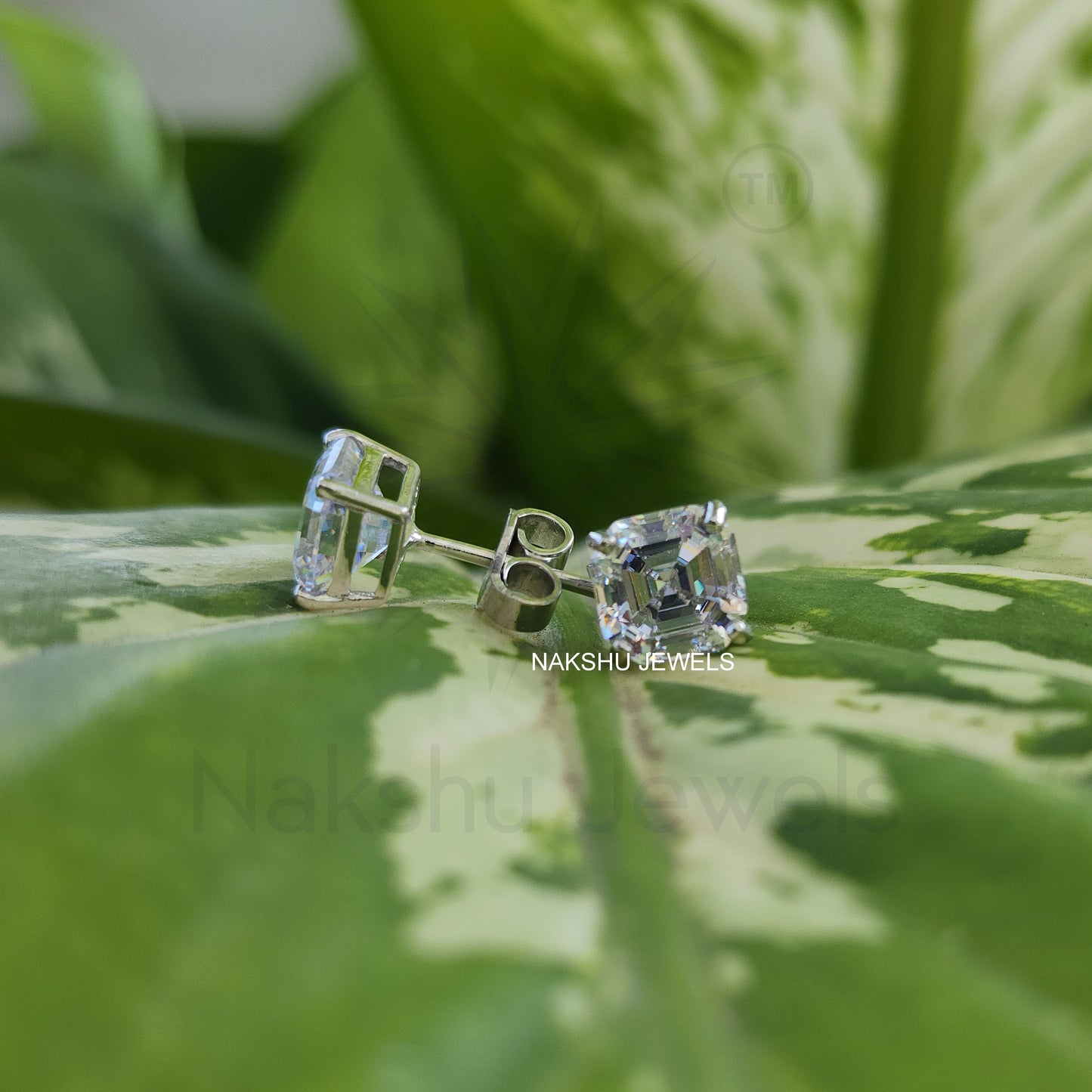 Asscher Cut Colorless Moissanite Earrings - Basket Set Stud Earrings