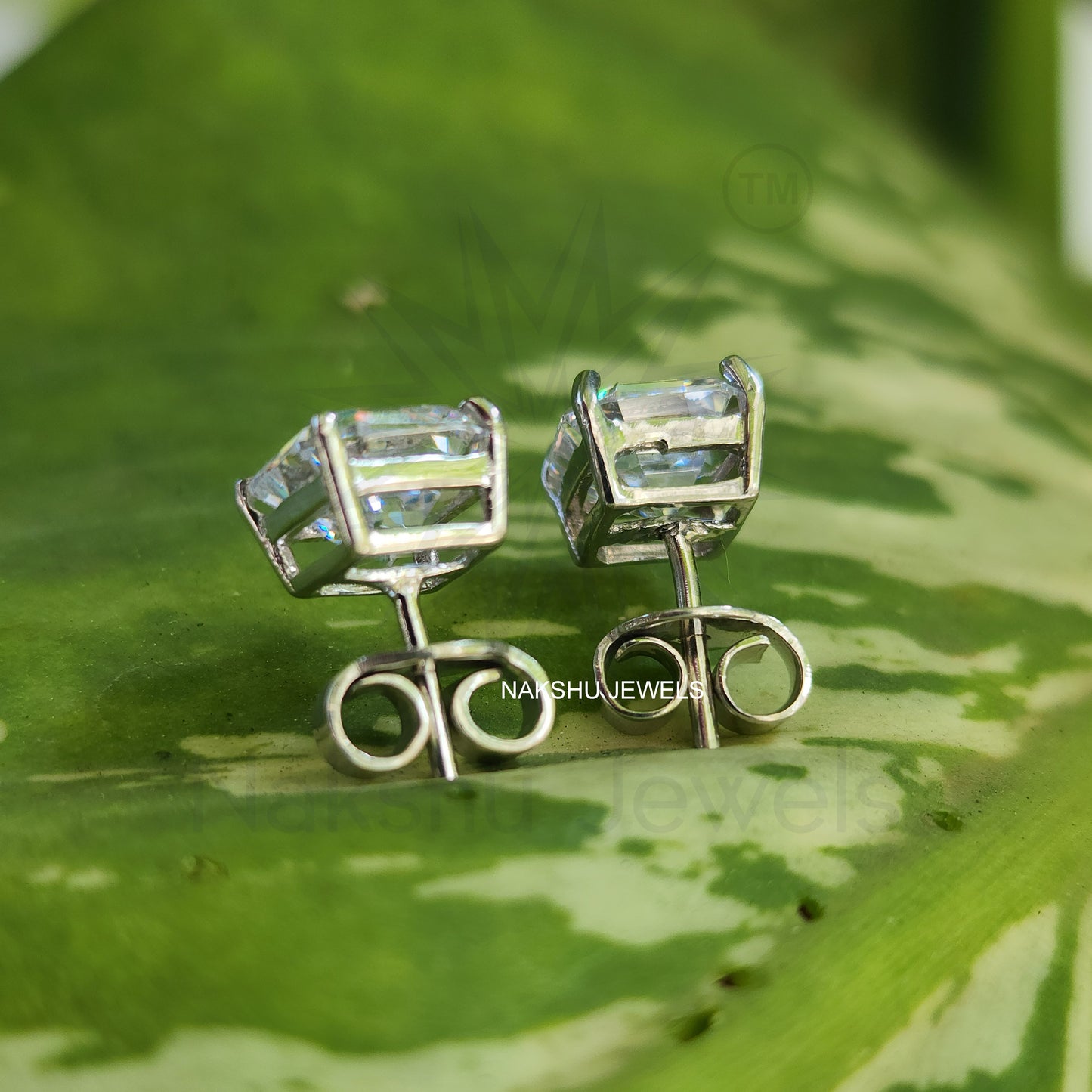 Asscher Cut Colorless Moissanite Earrings - Basket Set Stud Earrings