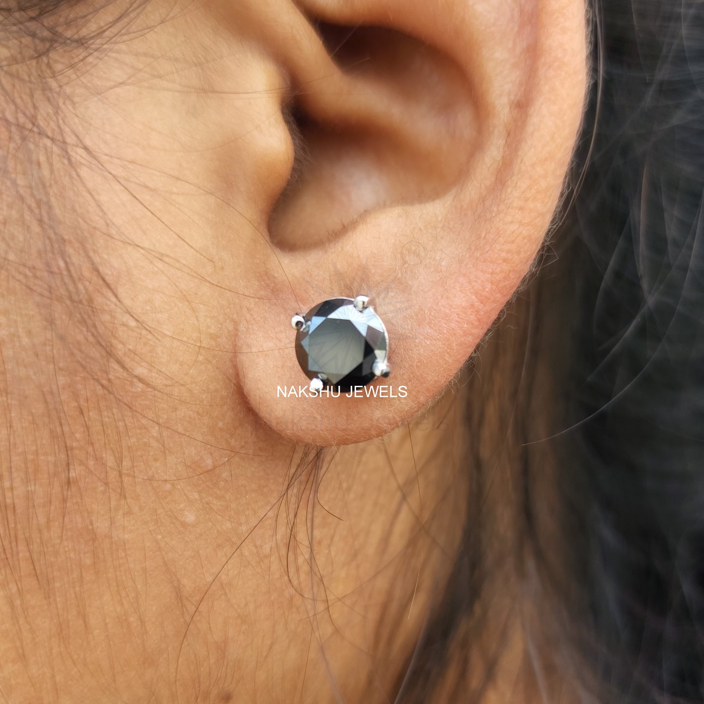 Black Round Brilliant Cut Moissanite Stud Earrings, Four Prong Basket Setting