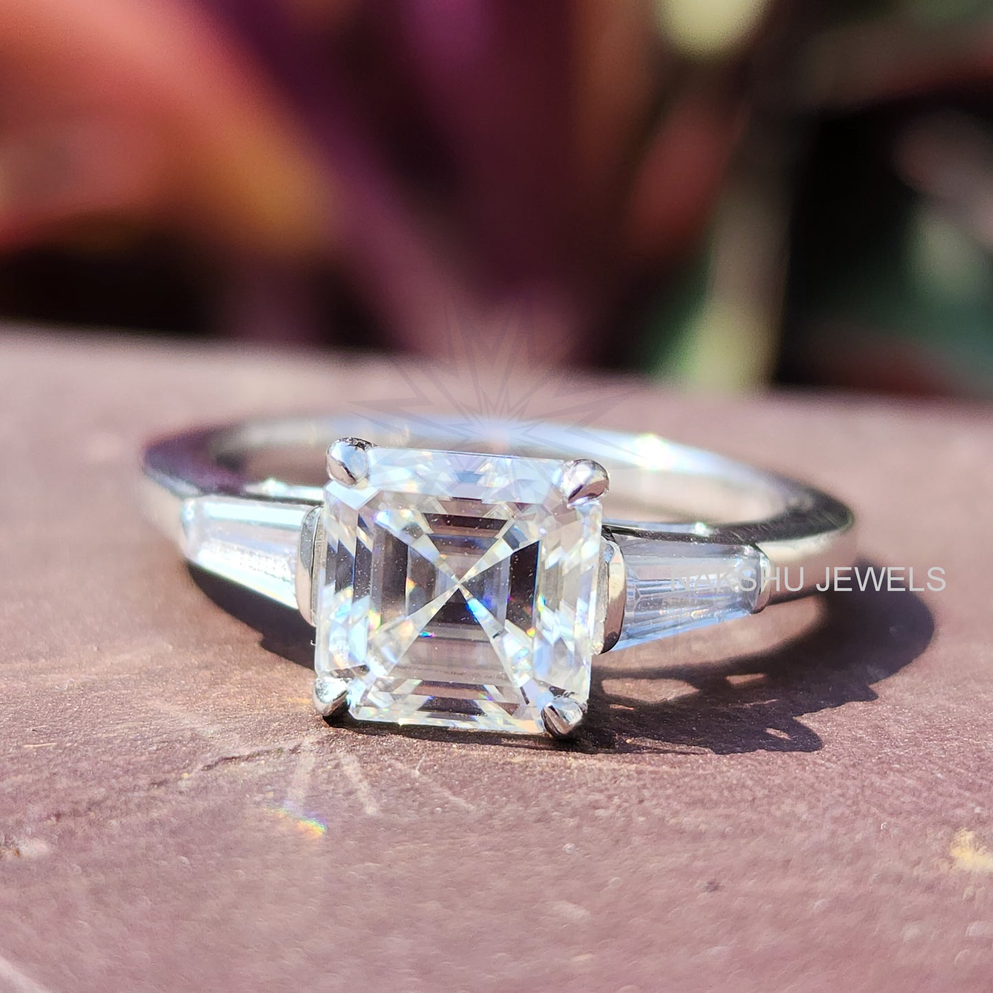 Asscher Cut With Tapered Baguette Classic Three Stone Moissanite Engagement Ring