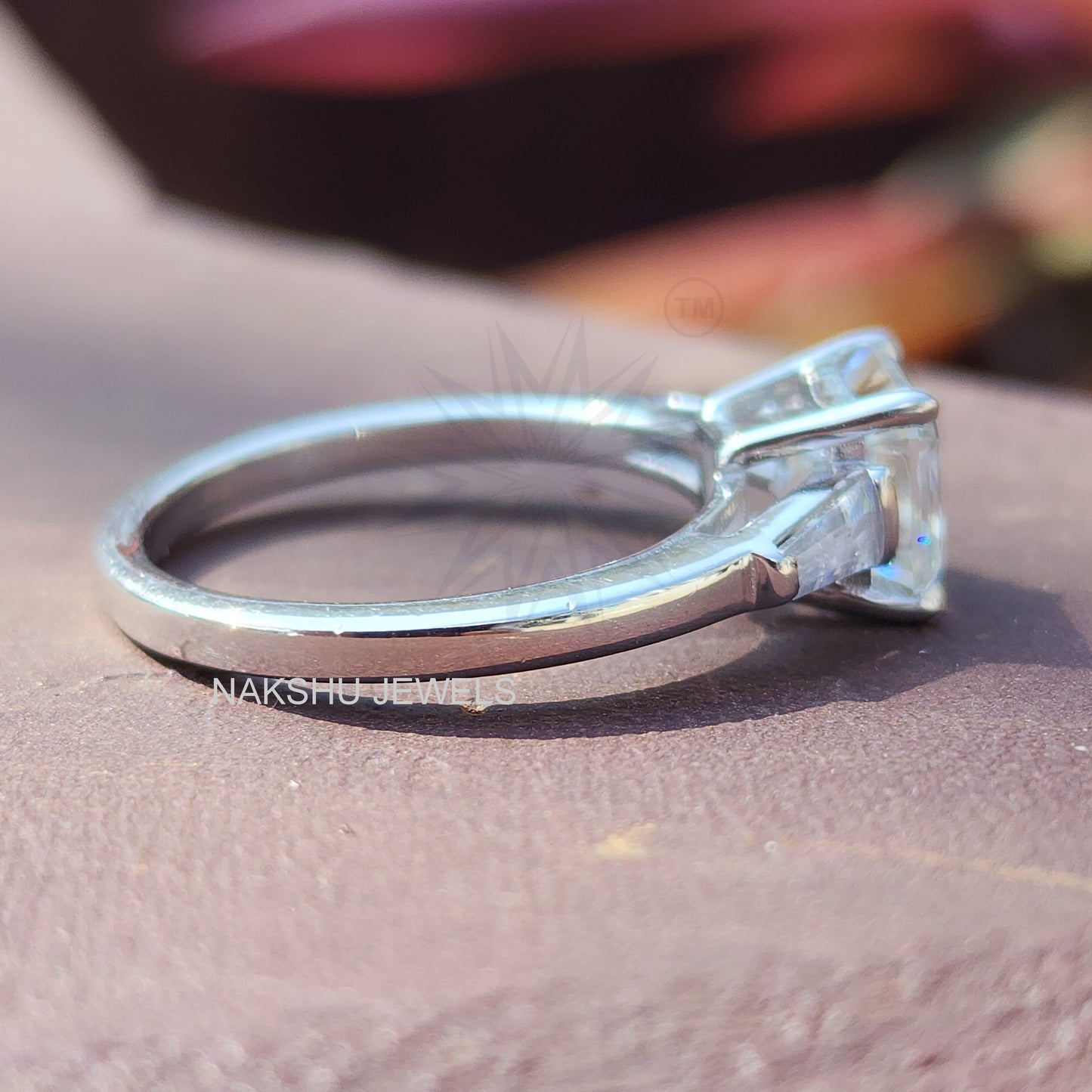 Asscher Cut With Tapered Baguette Classic Three Stone Moissanite Engagement Ring