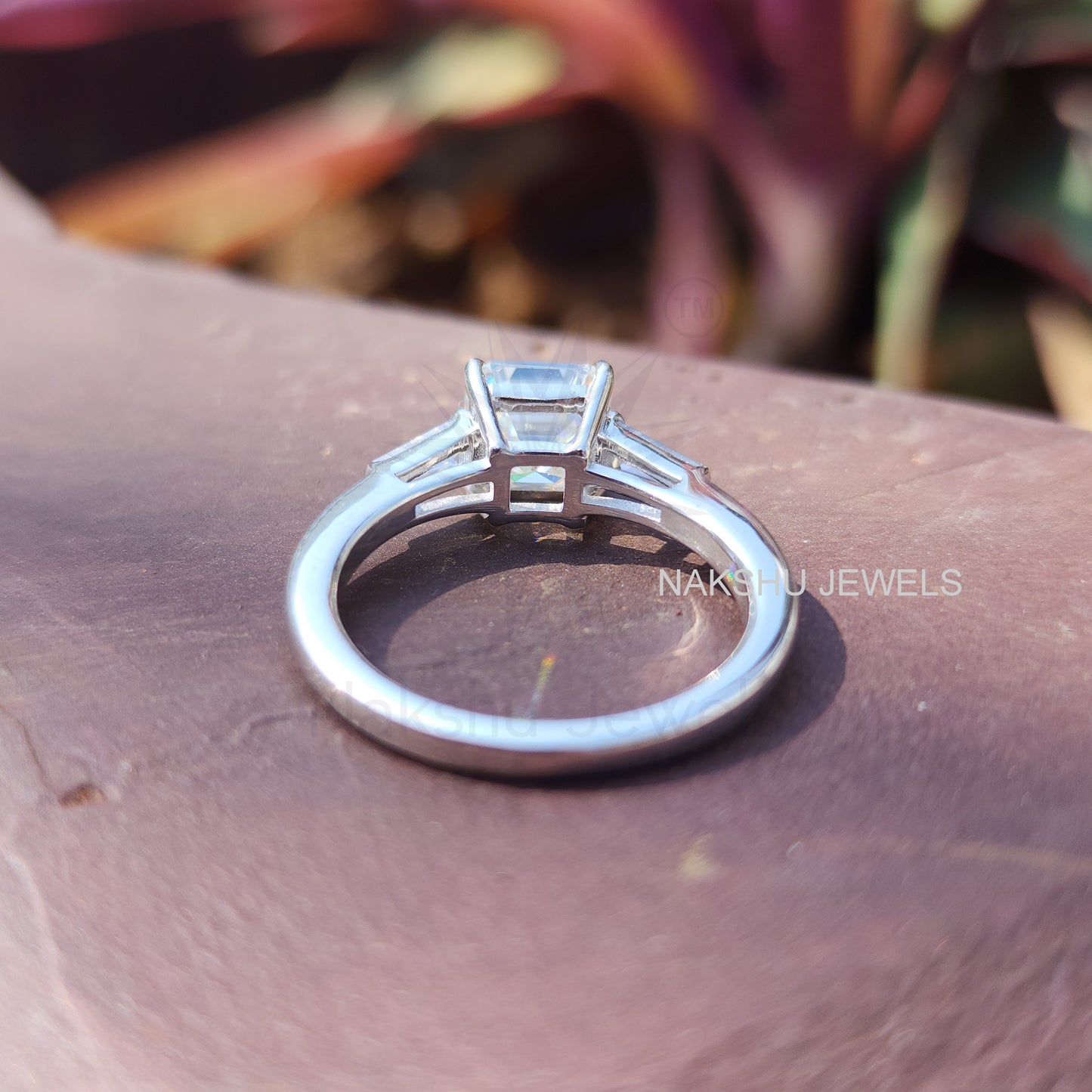 Asscher Cut With Tapered Baguette Classic Three Stone Moissanite Engagement Ring