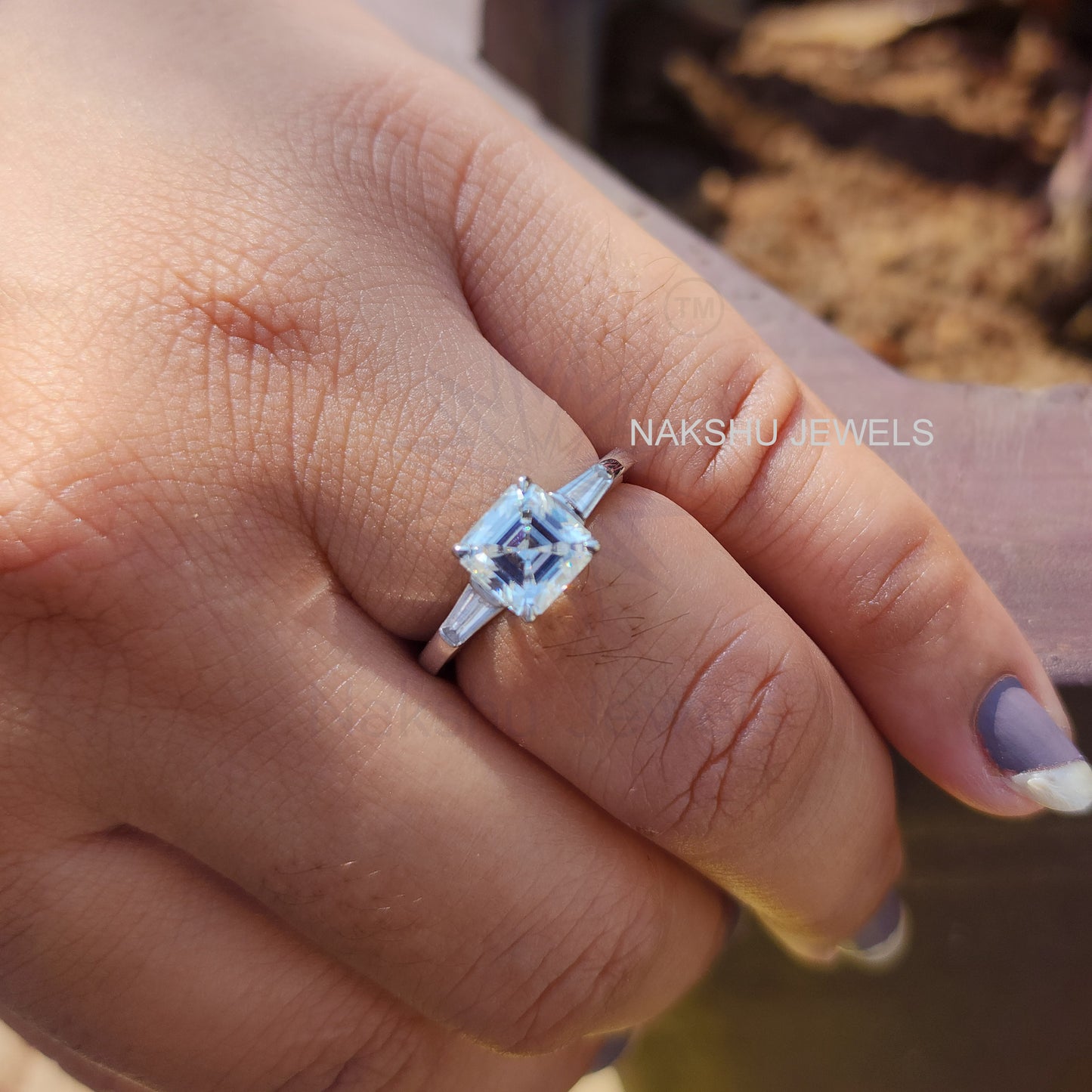 Asscher Cut With Tapered Baguette Classic Three Stone Moissanite Engagement Ring