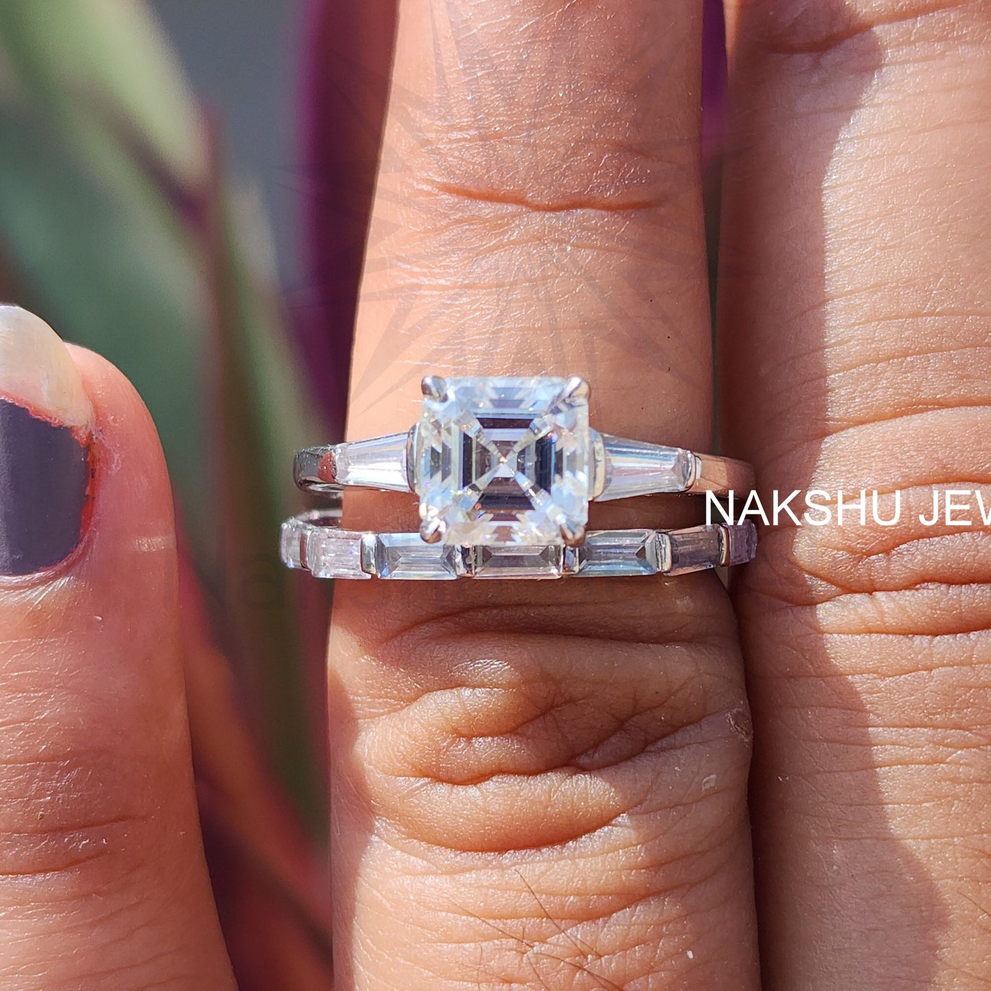 Asscher Cut Moissanite Three Stone Bridal Set