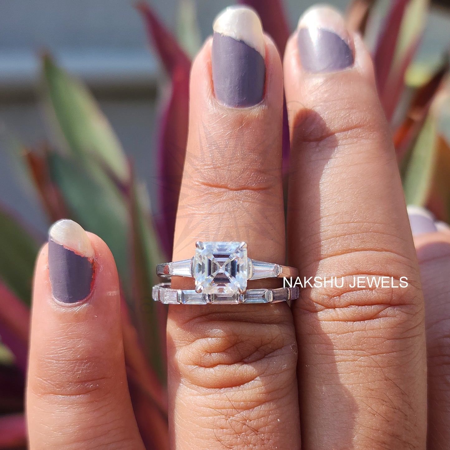 Asscher Cut Moissanite Three Stone Bridal Set