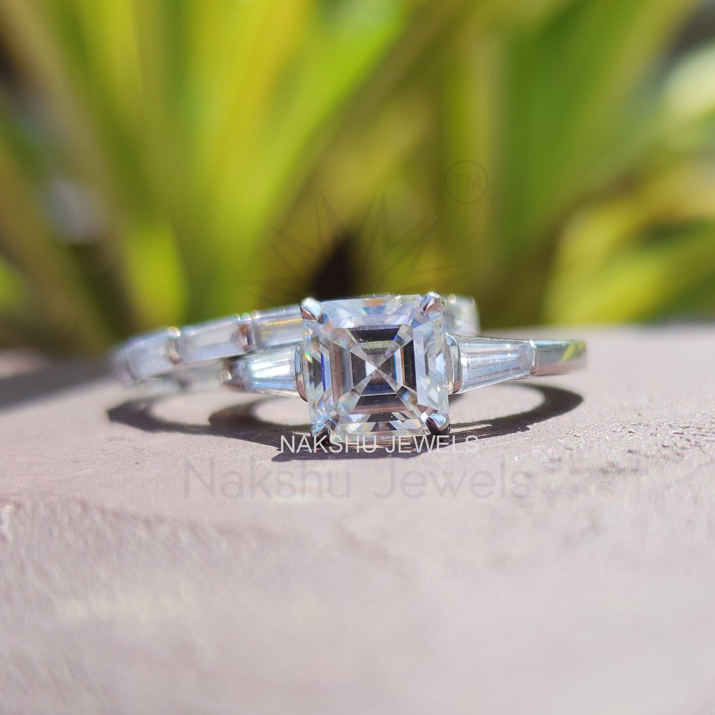 Asscher Cut Moissanite Three Stone Bridal Set
