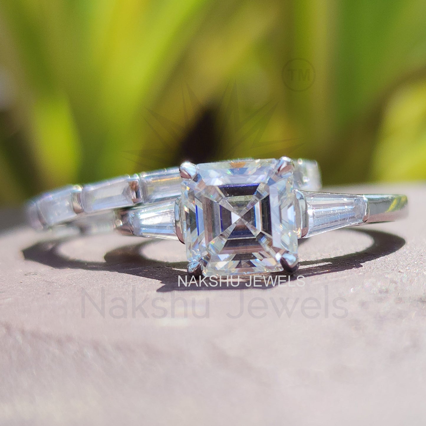 Asscher Cut Moissanite Three Stone Bridal Set