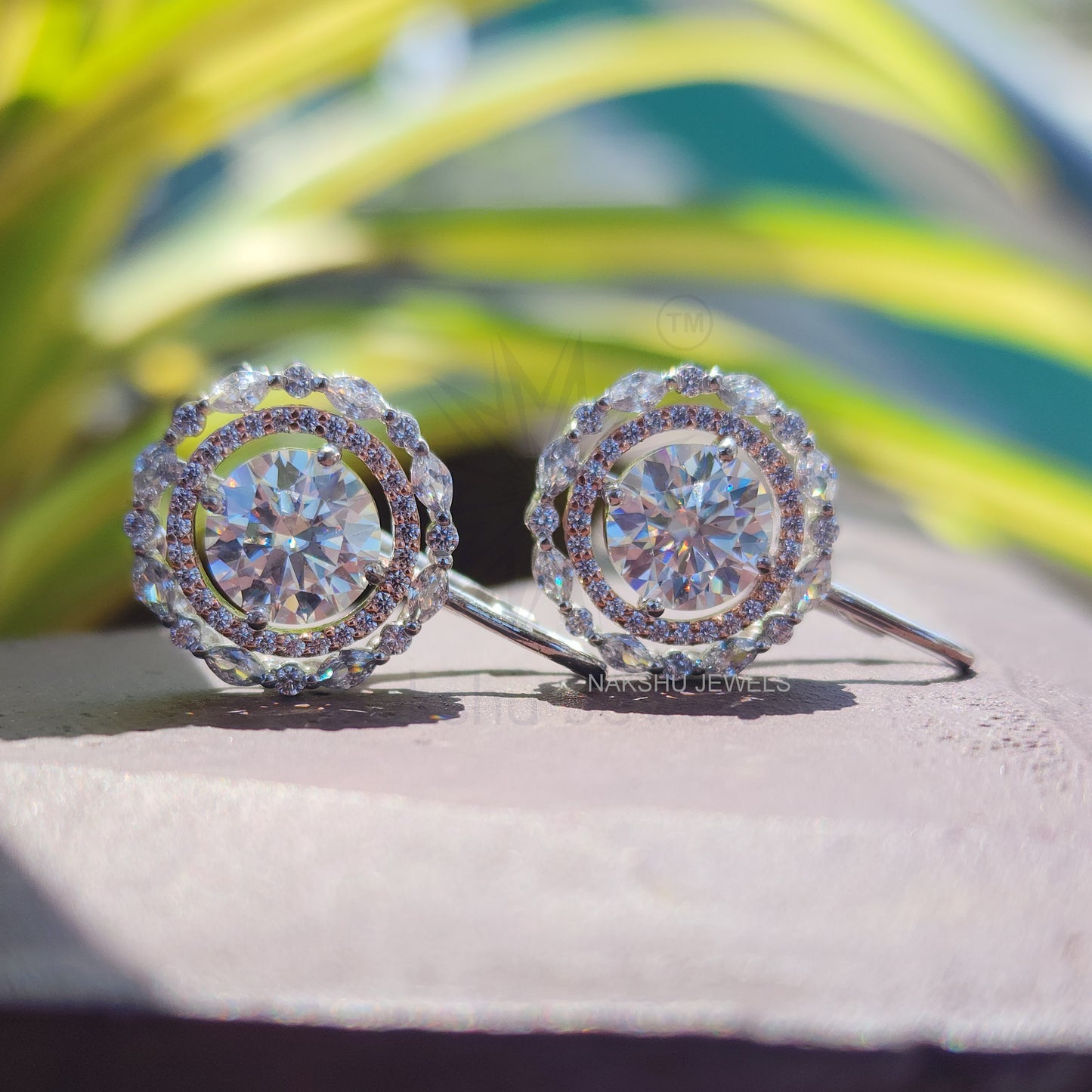Round Cut Moissanite Double Halo Dangle Drop Earrings