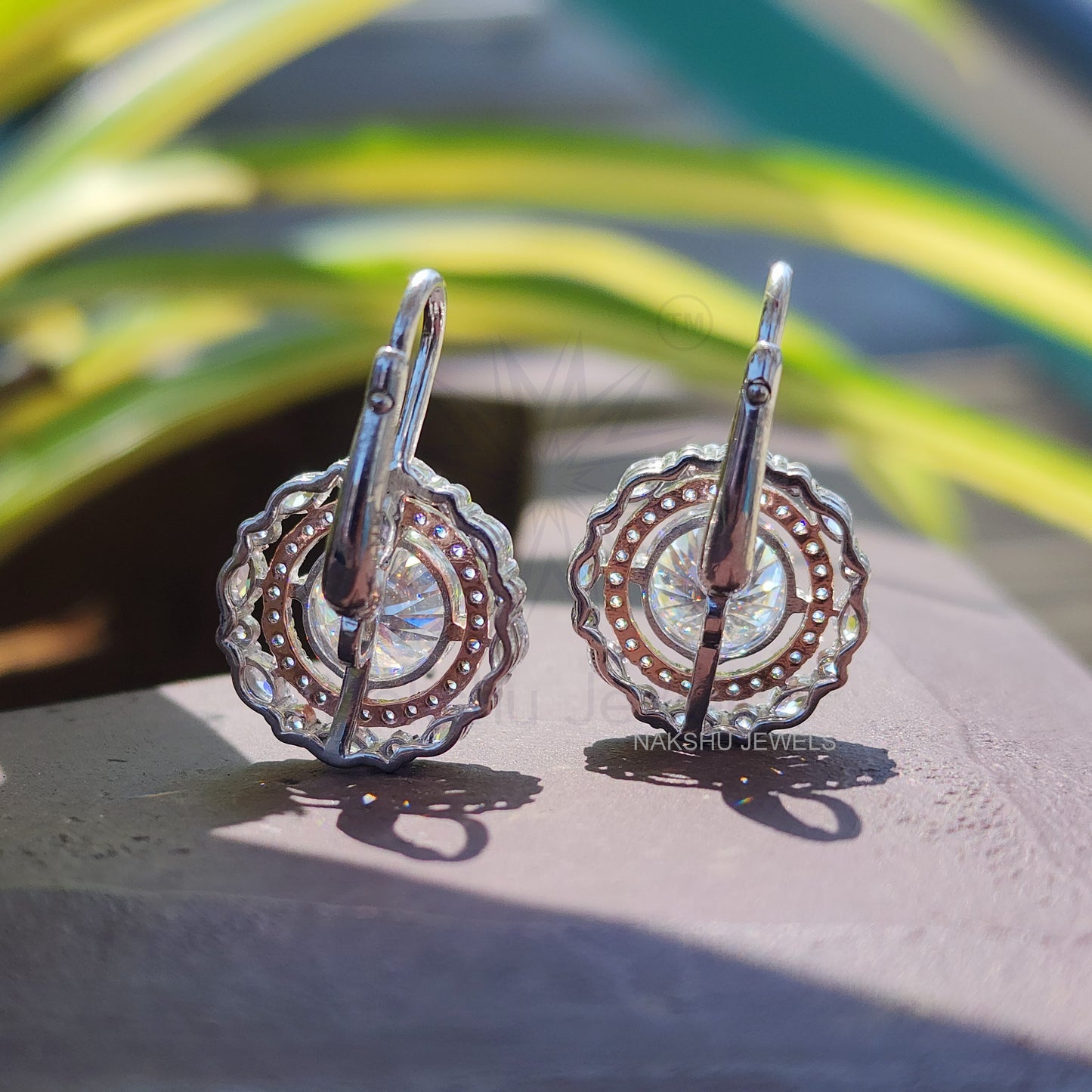 Round Cut Moissanite Double Halo Dangle Drop Earrings