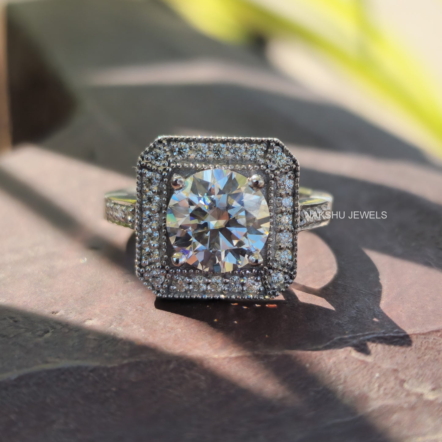 Round Cut Moissanite Halo Milgrain Pave Engagement Ring