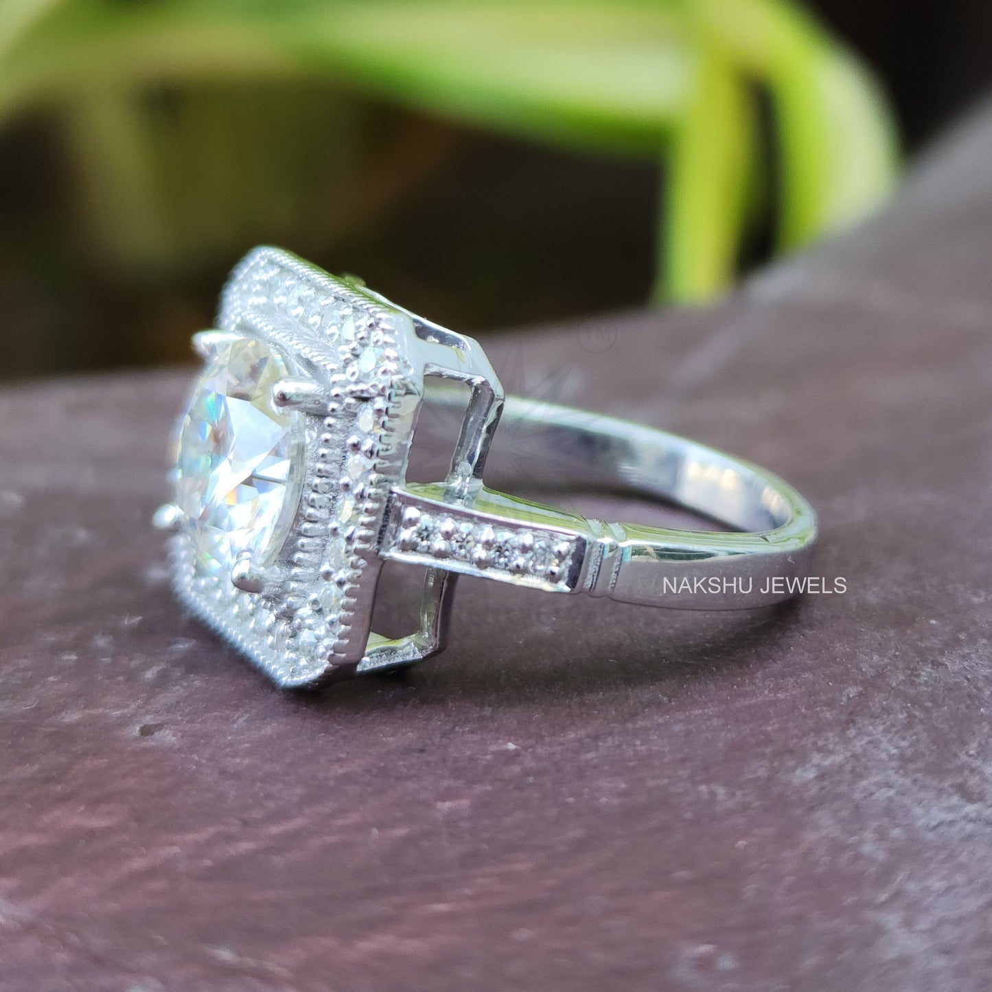 Round Cut Moissanite Halo Milgrain Pave Engagement Ring