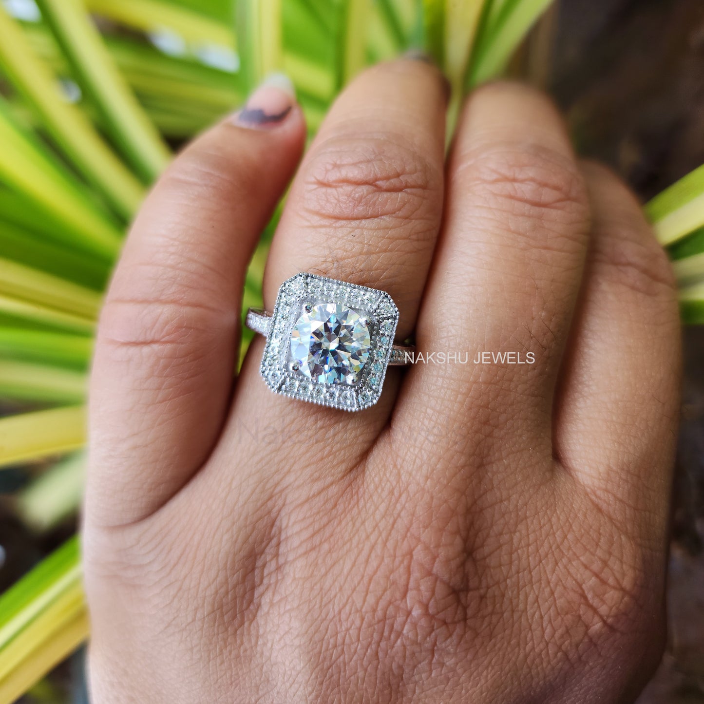Round Cut Moissanite Halo Milgrain Pave Engagement Ring