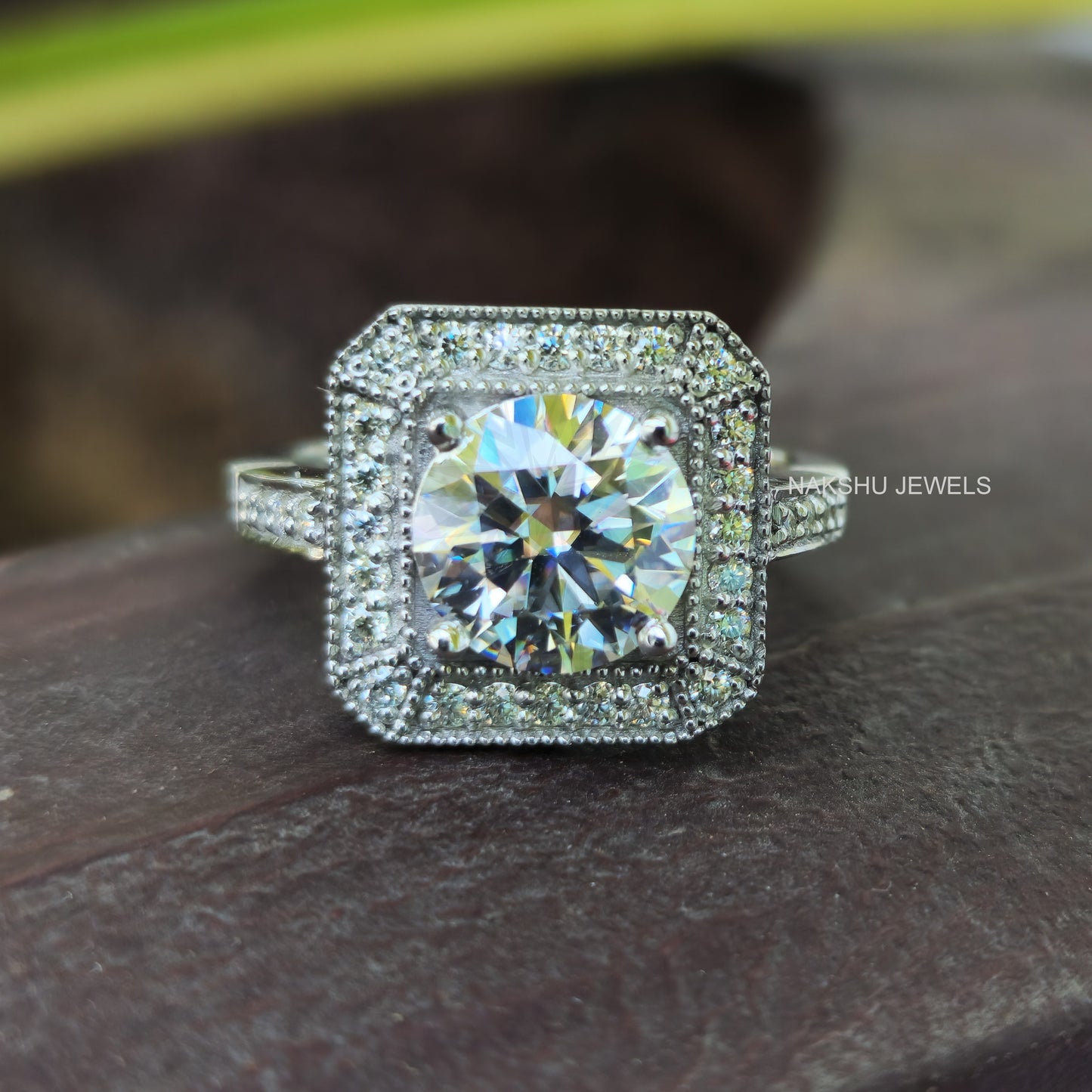 Round Cut Moissanite Halo Milgrain Pave Engagement Ring