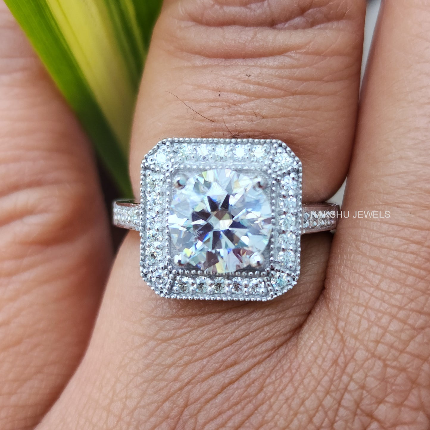Round Cut Moissanite Halo Milgrain Pave Engagement Ring