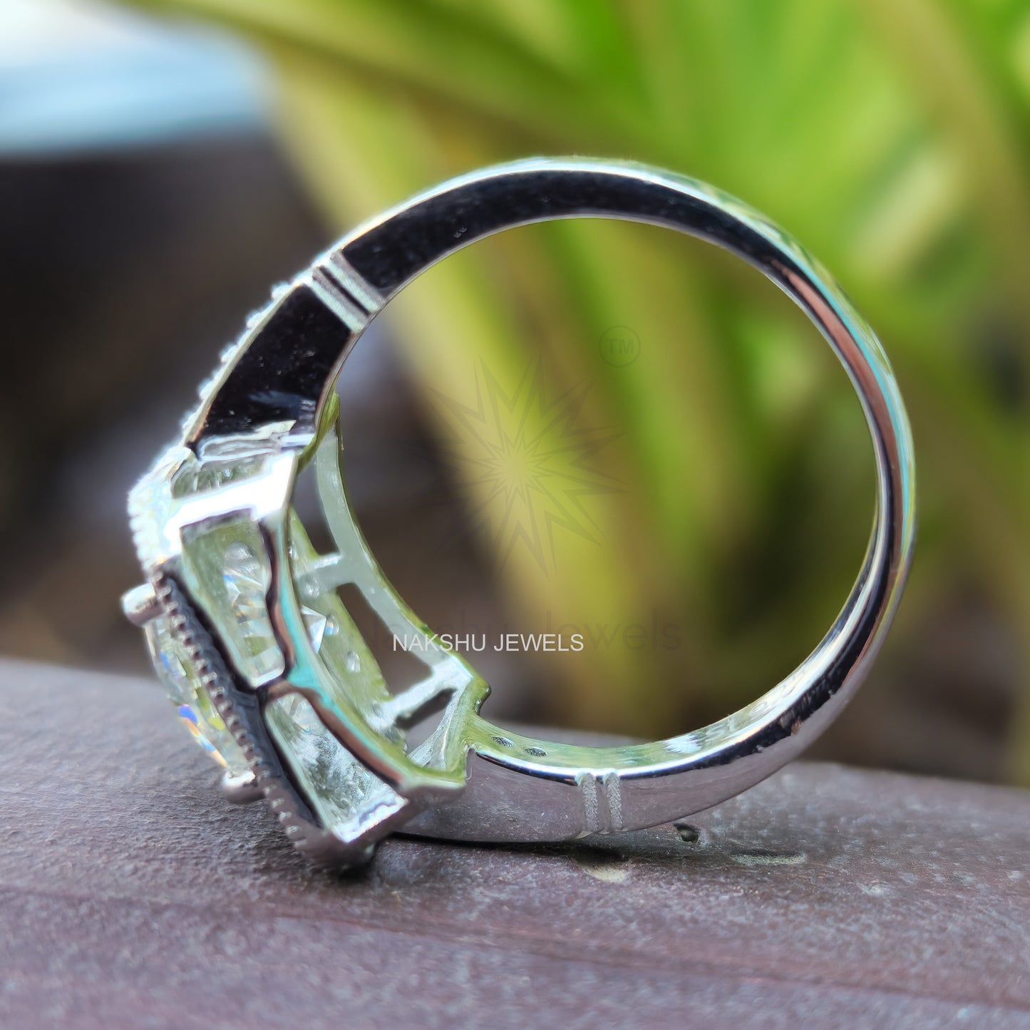 Round Cut Moissanite Halo Milgrain Pave Engagement Ring