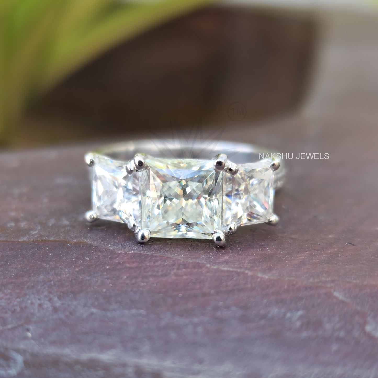 Princess Cut Moissanite Three Stone Bridal Set
