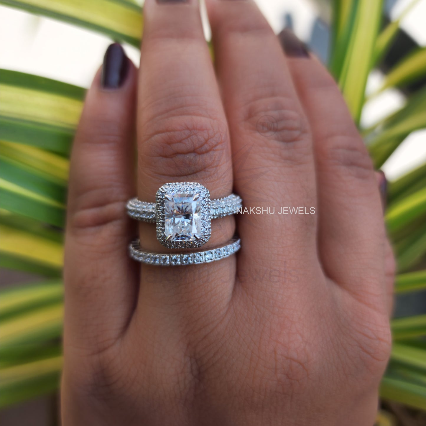 Radiant Cut Moissanite Engagement Wedding Ring Set