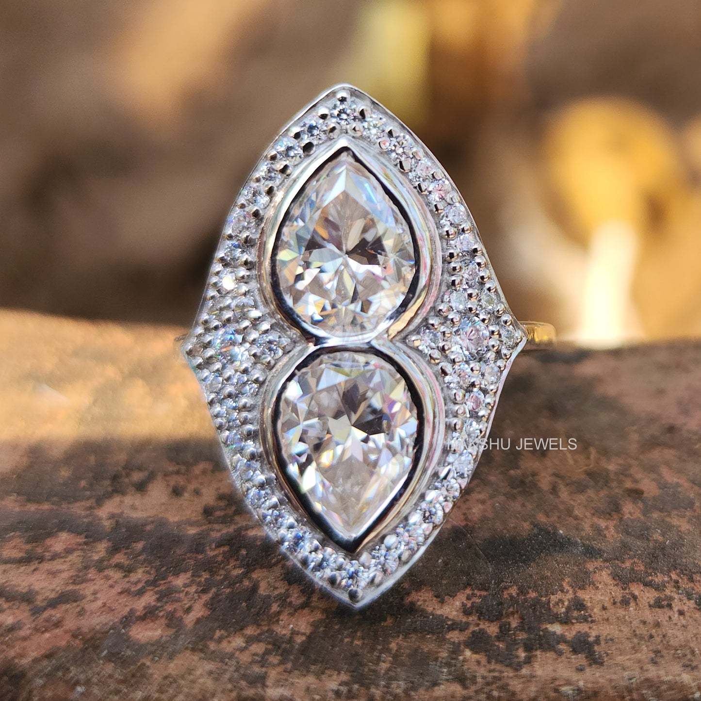 Pear Cut Bezel Set Two Stone Moissanite Engagement Ring