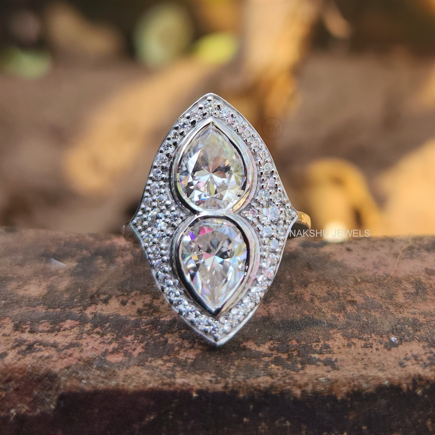 Pear Cut Bezel Set Two Stone Moissanite Engagement Ring