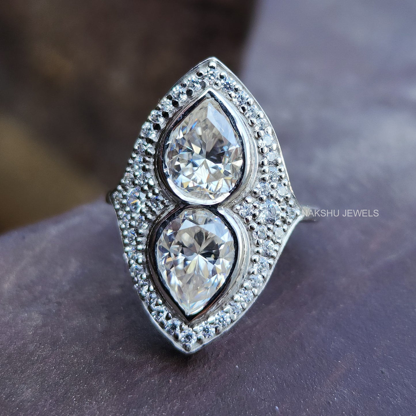 Pear Cut Bezel Set Two Stone Moissanite Engagement Ring
