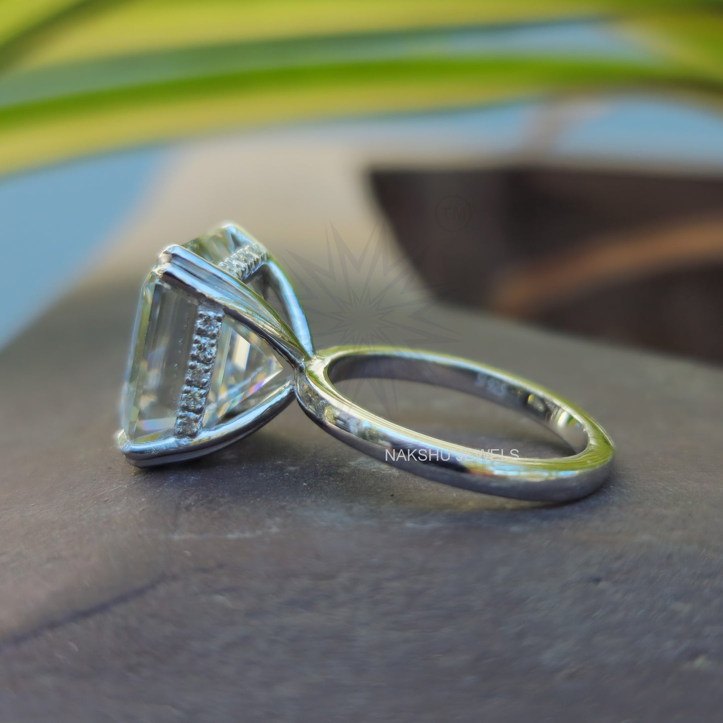 Asscher Cut Moissanite Comfort-Fit Engagement Ring - Hidden Halo Ring