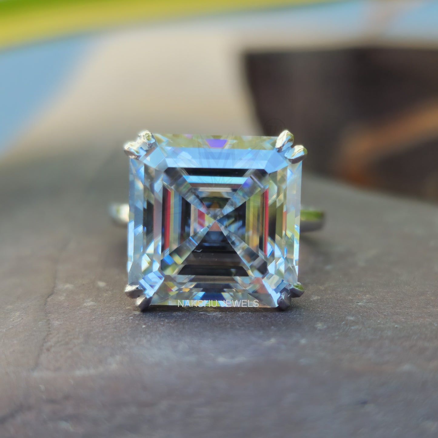 Asscher Cut Moissanite Comfort-Fit Engagement Ring - Hidden Halo Ring