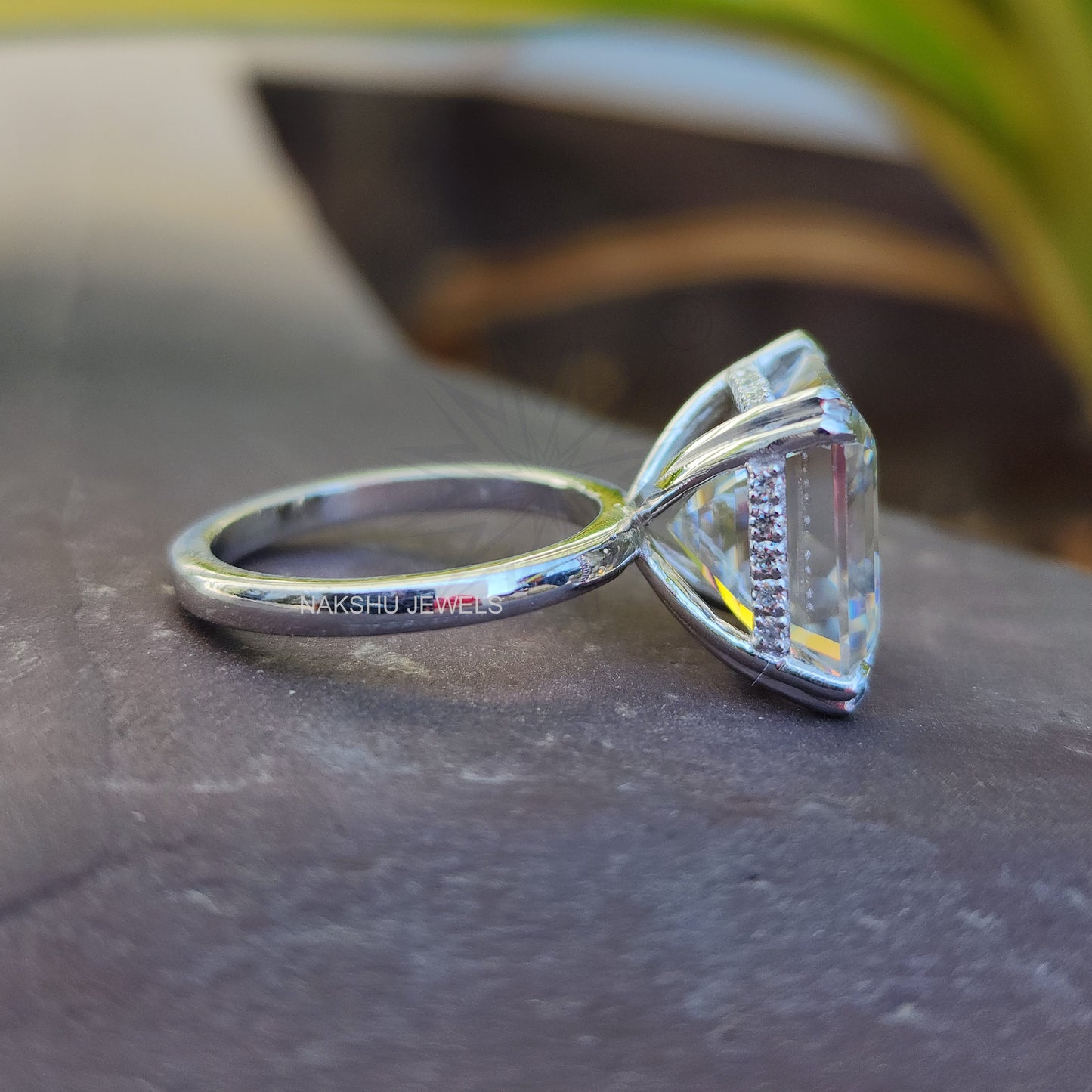 Asscher Cut Moissanite Comfort-Fit Engagement Ring - Hidden Halo Ring