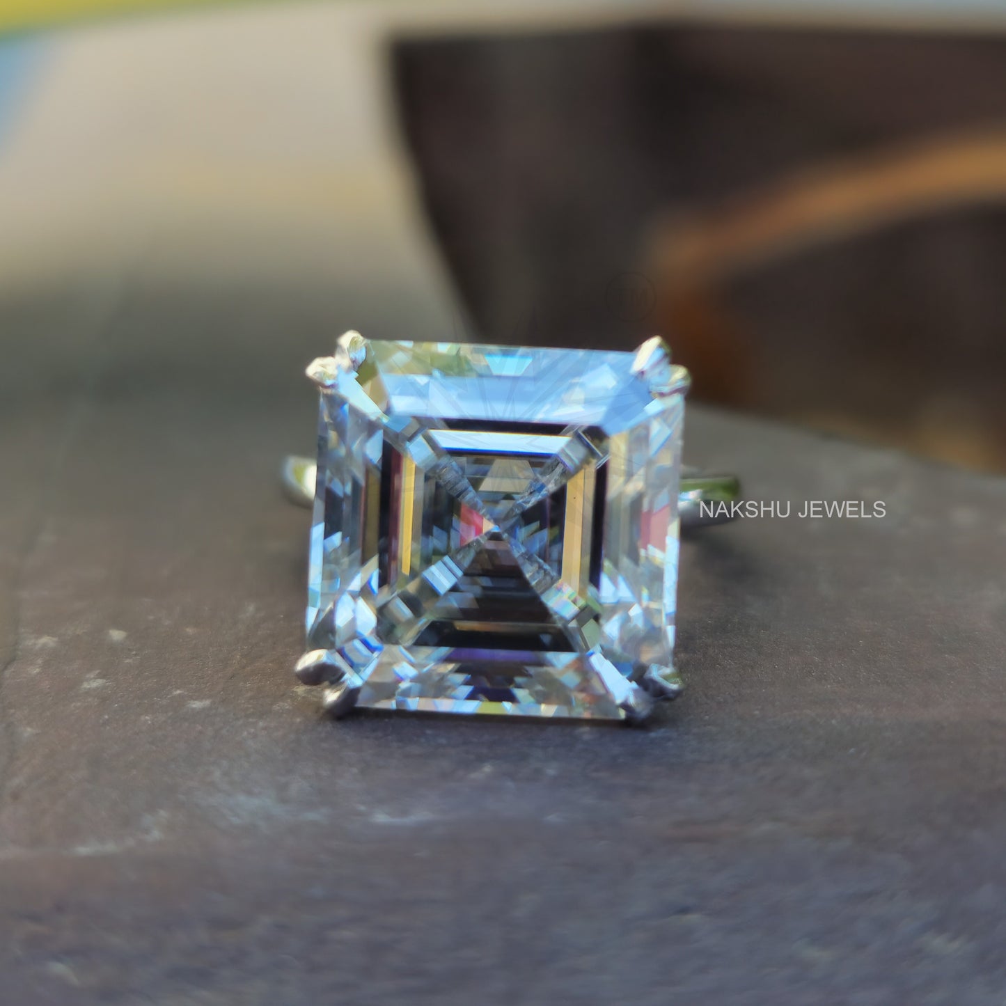 Asscher Cut Moissanite Comfort-Fit Engagement Ring - Hidden Halo Ring