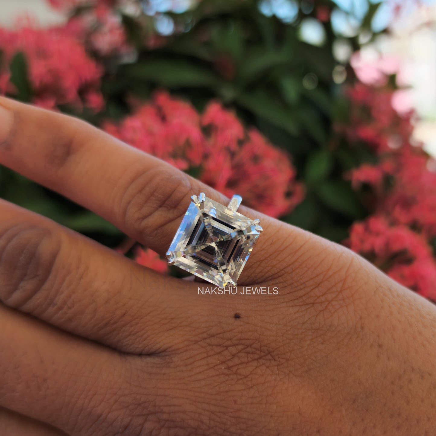 Asscher Cut Moissanite Comfort-Fit Engagement Ring - Hidden Halo Ring