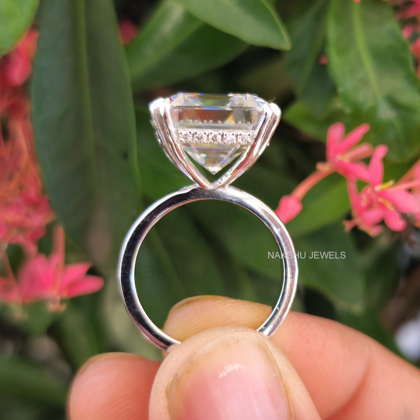 Asscher Cut Moissanite Comfort-Fit Engagement Ring - Hidden Halo Ring